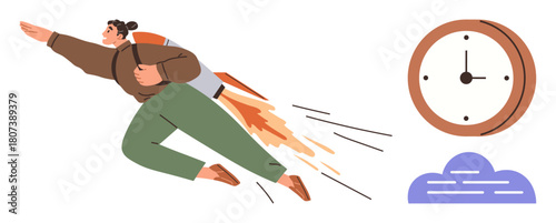 Individual flying with a jetpack, clock indicating time, cloud for focus. Ideal for productivity, efficiency, goal-setting, innovation, time management progress success. Simple flat metaphor