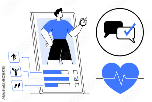 Person standing in mobile app, fitness activity icons, progress bars, chat symbol with checkmark, and heartbeat graphic. Ideal for fitness, health apps, wellness, communication goal tracking