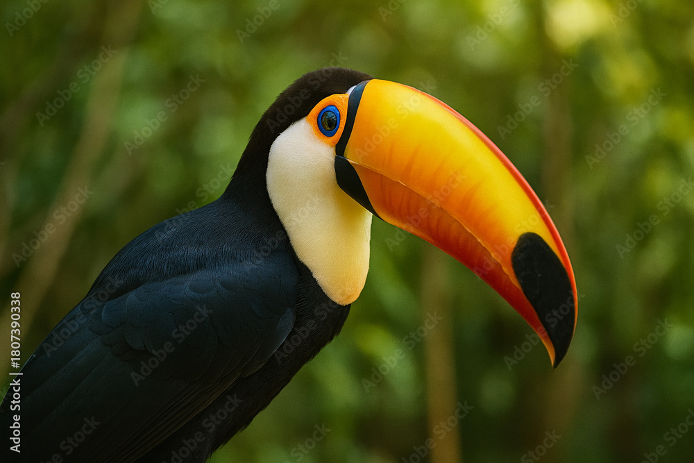 Obraz premium Close-up portrait of a tropical toucan with a bright orange beak and green bokeh background. Ideal wildlife image for nature ads, eco branding, educational prints, posters, magazines, website design.