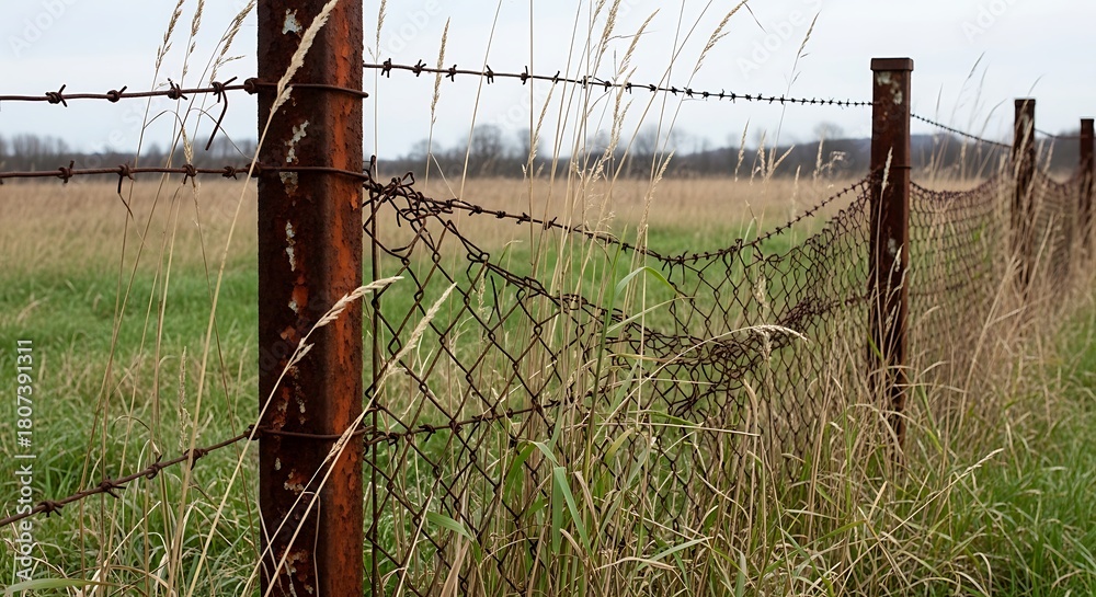 Fototapeta premium Rusty barbed wire fence posts stand guard over a dry grassy field under an overcast sky