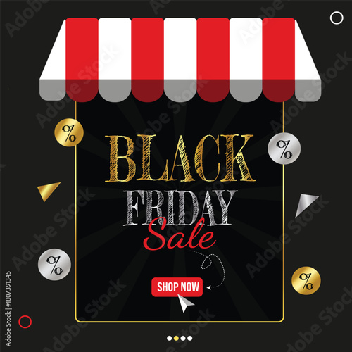 Black Friday Sale Banner with Shopping Elements and Discount Badges on Dark Background