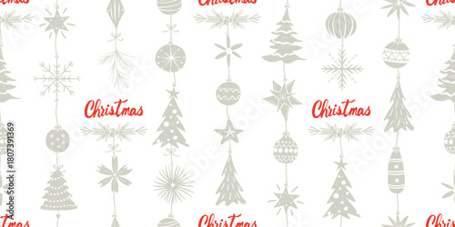 Christmas seamless pattern with cute red and pastel grey hanging ornaments and festive decorations on a white background.