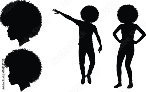 Curly hair silhouette, black figure, expressive pose, side profile, dynamic stance, hairstyle texture, confident posture, human form, motion study, style