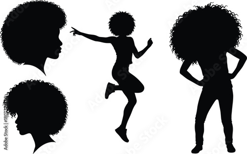 Curly hair silhouette, dynamic pose, black figure, jumping motion, standing posture, athletic movement, hairstyle profile, expressive stance, human form, action