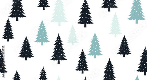 Seamless pattern with festive Christmas trees adorned with white polka dots against a white background.