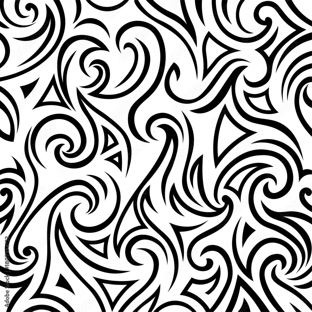 Fototapeta premium Seamless Black and White Tribal Swirls Decorative Pattern, fabric texture, tiles clothes pattern.