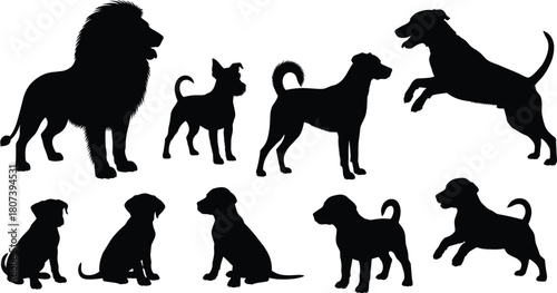 Dog silhouette vector, lion animal graphic, pet posture icon, black shape illustration, canine breed design, wildlife mammal outline art