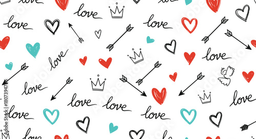 Hand drawn seamless pattern with hearts, crowns, arrows and the word love.