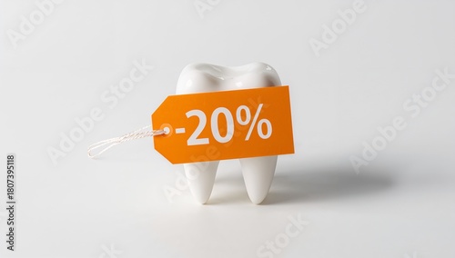 Dental Tooth Model with a Discount Tag Showing 20 Percent on White Surface