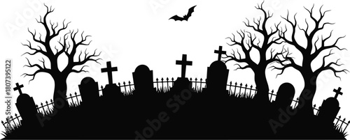 Graveyard silhouettes, tombstone scene, spooky trees, black vector, Halloween theme, eerie landscape, gothic art, minimal style, bat flying, graphic set