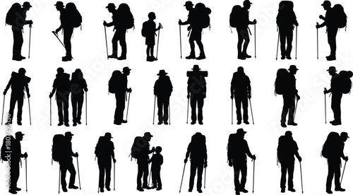 Hiker silhouettes, trekking poses, backpack figures, walking sticks, group dynamics, black vector, outdoor activity, minimal style, nature icons