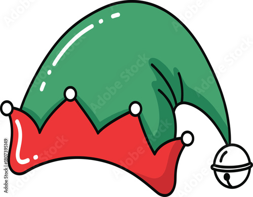 Cute Cartoon Christmas Elf Hat Vector Illustration, Festive Holiday Costume Accessory with Bell