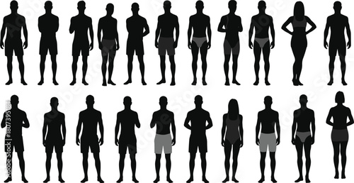 Human silhouettes, diverse body shapes, posture study, black vector, fashion reference, anatomy design, minimal style, graphic set, ergonomic art