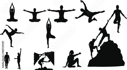 Human silhouettes, yoga poses, climbing figures, black vector, physical activity, teamwork theme, minimal style, graphic set, outdoor icons