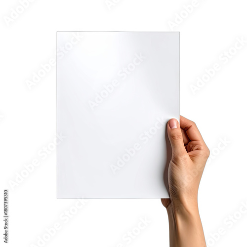 Hand holding a blank white sheet of paper against a black background.