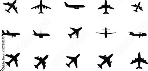 Airplane silhouettes, aircraft icons, black vector, aviation design, flight shapes, minimal style, graphic set, contrail motion, top views