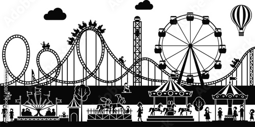 Amusement park silhouettes, roller coaster, Ferris wheel, carousel ride, black vector, funfair design, minimal style, graphic set, outdoor scene