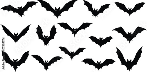 Bat silhouettes, flying shapes, black vector, Halloween theme, nocturnal animals, gothic design, minimal style, graphic set, spooky icons
