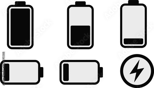 Battery icons, charging status symbols, black vector, power level indicators, minimal design, graphic set, energy icons, UI elements