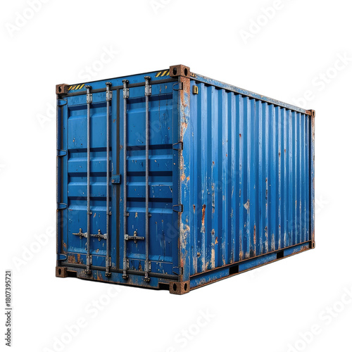 A weathered, blue shipping container isolated on a black background.
