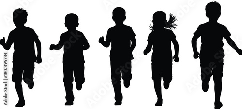 Children running silhouettes, black vector, youth motion, playful activity, minimal style, graphic set, outdoor fun, childhood icons