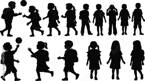 Children silhouettes, school kids, backpack figures, black vector, walking poses, minimal style, graphic set, educational theme, student icons