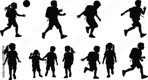 Children silhouettes, school kids, backpack figures, black vector, playful poses, minimal style, graphic set, outdoor activity, student icons
