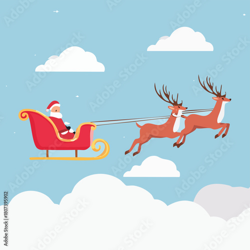 Joyful Santa Claus and Reindeer Flying Sleigh in Winter Sky Vector Art