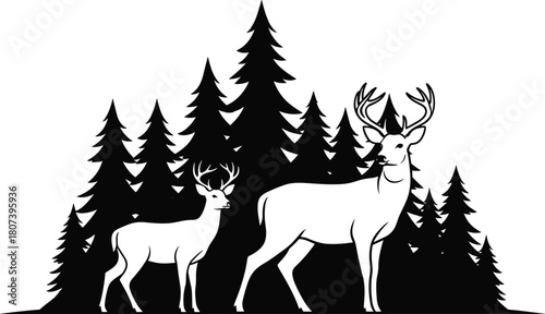 Deer silhouettes, forest background, black vector, wildlife scene, nature design, minimal style, graphic set, woodland animals, outdoor icon