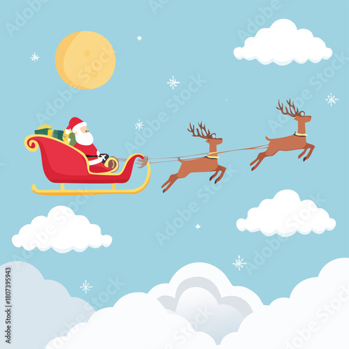 Minimalist Santa Sleigh and Reindeer Flying Vector