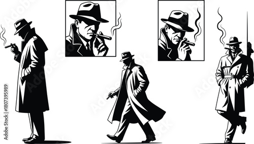 Detective silhouettes, noir style, trench coat, fedora hat, smoking man, black vector, mystery theme, minimal design, graphic set, crime icon