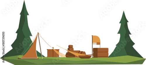 Forest campsite illustration, tent and canoe, green vector, outdoor adventure, nature design, minimal style, camping gear, graphic set, tree scene