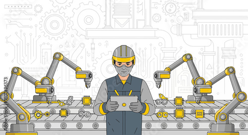 Automation engineer overseeing automated production line with robotic arms and advanced technology