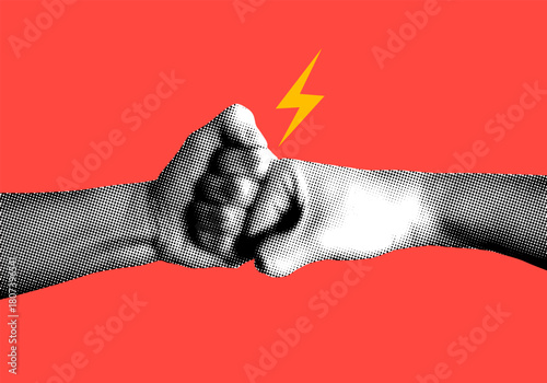 Teamwork. Two halftone hands making fist bump. Friendly greeting gesture. Team strength. Two people holding fists together. Fist collision. Newspaper collage. Partnership, team building