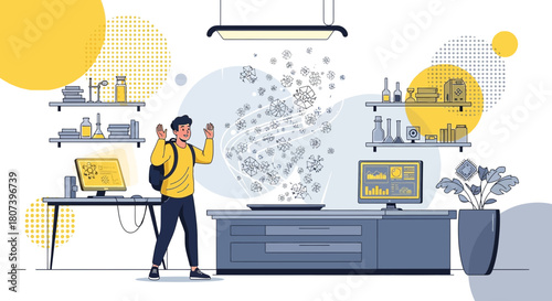 Cartoon illustration of a student with hands up looking at floating data in laboratory