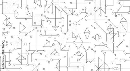 Abstract geometric network design, interconnected shapes and lines, schematic composition, black and white system art, visual complexity, digital structure.
