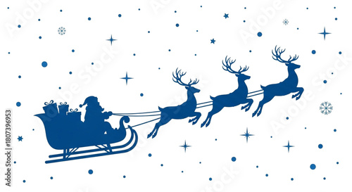 Silhouette of santa claus riding in sleigh with reindeer flying isolated on transparent background, christmas eve concept, vector illustration, holiday season