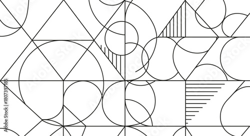 Geometric abstract composition, intersecting shapes and lines, symmetrical design, mathematical art, shaded regions, visual balance, black and white graphic.