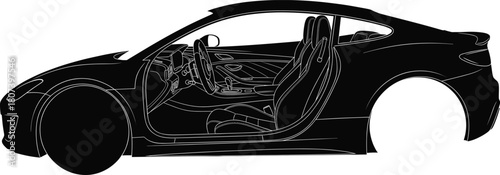 Sports car side view, interior silhouette, sleek automotive design, black and white vehicle illustration, ergonomic dashboard, modern driving layout, stylish coupe.