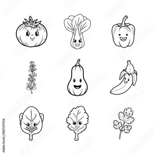 Cute kawaii vegetables and fruits with faces in black and white sketch