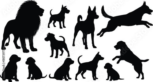 Dog silhouette vector, lion outline graphic, pet animal pose, canine breed shape, black animal icon, wildlife illustration art