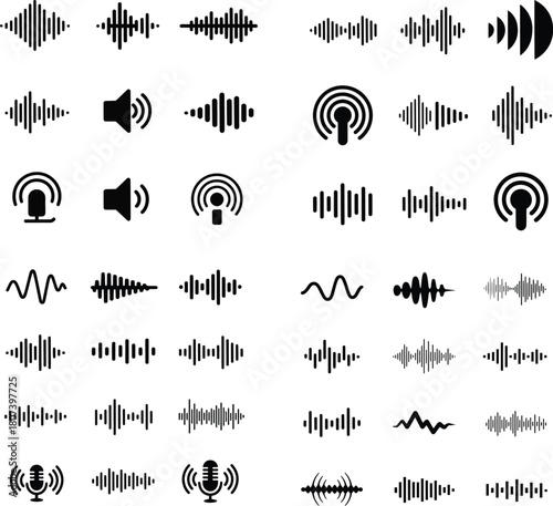 Set of soundwave icons for audio design and communication. Frequency and broadcast. Use for voice recognition and recording designs.