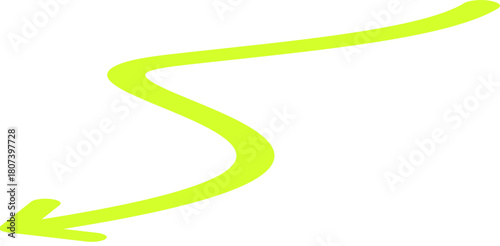 A hand-drawn fluorescent green wavy arrow pointing down-left on a white background.