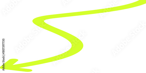 A hand-drawn, wavy lime green arrow pointing downwards and to the left on a white background.