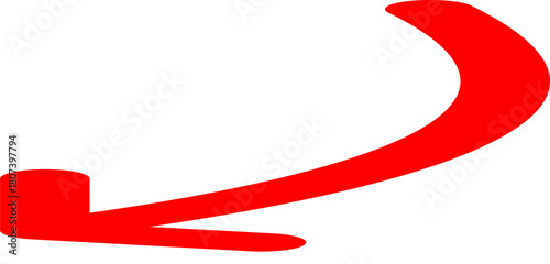 A hand-drawn red curved arrow pointing down and to the left on a white background, isolated for design use.
