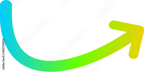 A hand-drawn curved arrow with a blue, green, and yellow gradient on a white background.