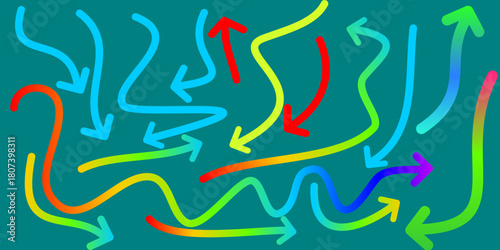 A vibrant collection of hand-drawn, colorful, and wavy arrows pointing in various directions on a teal background.