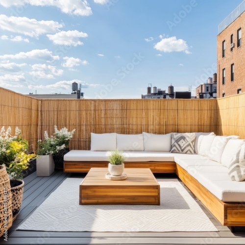 Elegant Rooftop Lounge Wooden Sofa, Table and Bamboo Fence with City Views, Deck, Outdoor living