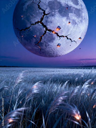 Cracked Glowing Moon Hovering Above Twilight Field of Swaying Grass  
