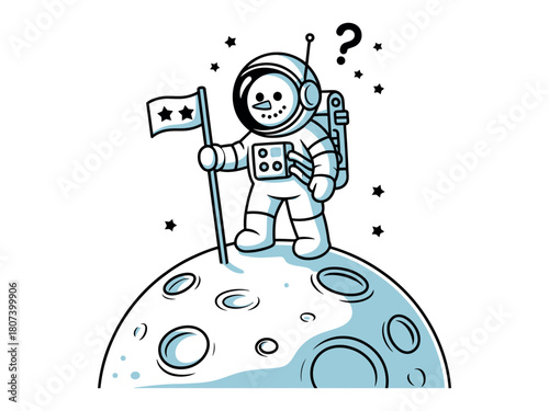 An astronaut stands on the moon planting a flag, looking confused with a question mark above their head.